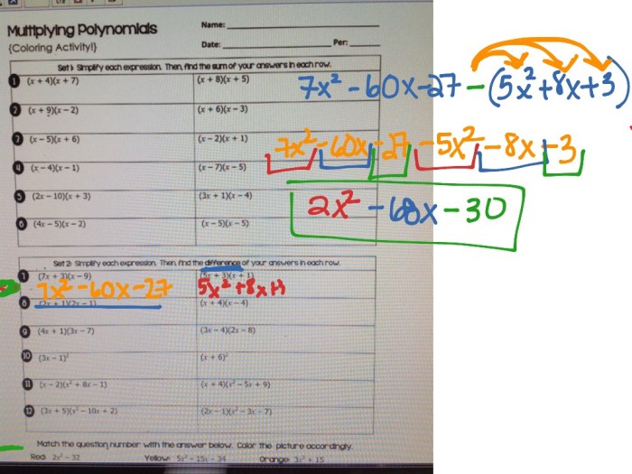 Multiplying polynomials coloring worksheet with answers